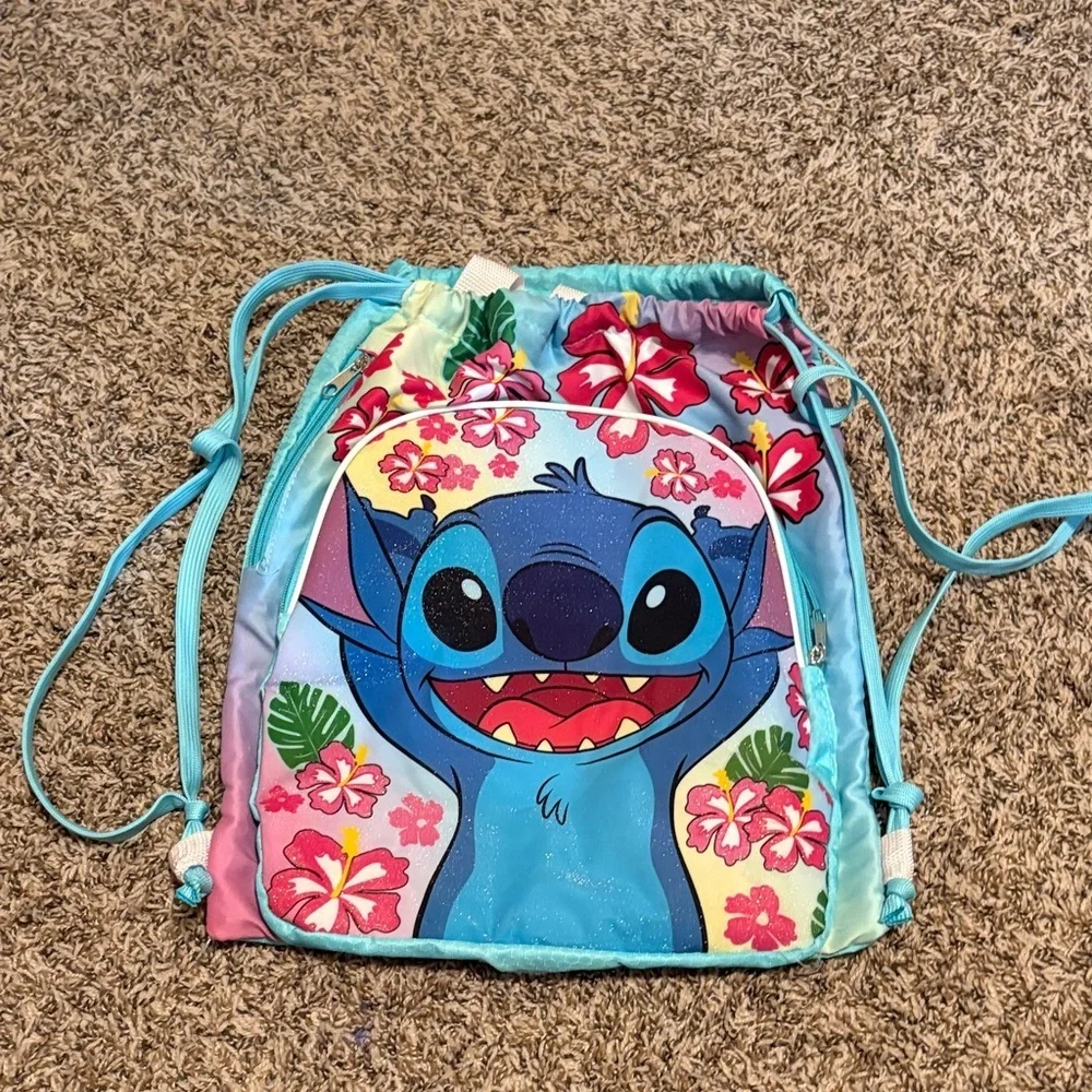Disney Stitch Sparkly Floral Kids Drawstring Bag